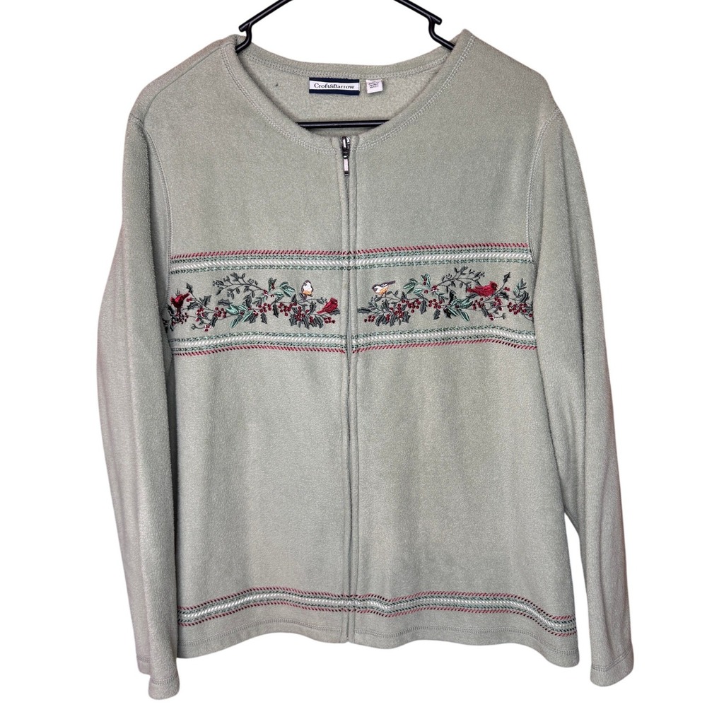 Crofts & Barrows Women's 1X Green Zip Up Fleece Jacket Bird Floral Embroidery